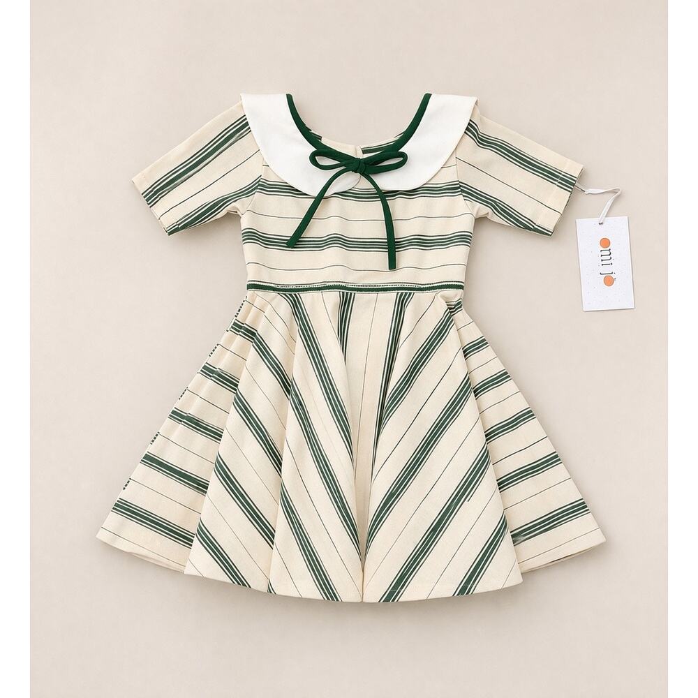 NWT Sz.2 Omi Jo Well Dressed Wolf Cream & Green Striped Retro Twiri Dress